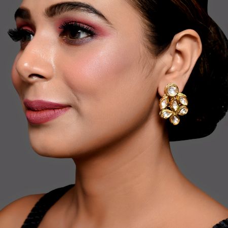 Petal Cluster Mirror Stud Earrings with Gold Tone Finish